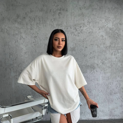 Düz Biskilet Yaka Oversize T-shirt - Beyaz -